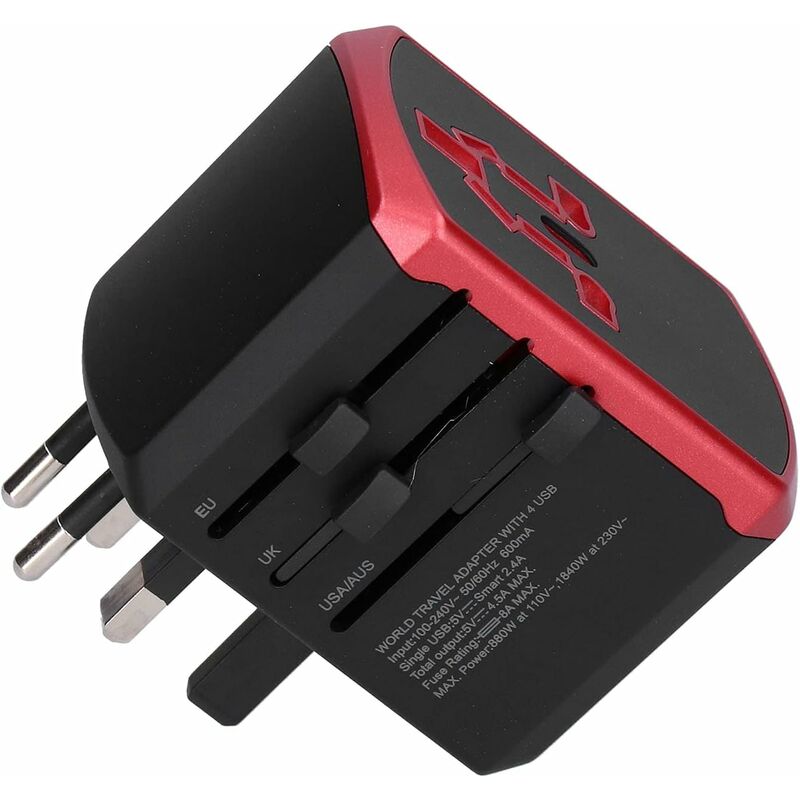 Adaptateur de voyage universel, convertisseur de tension international, chargeur de prise 100 v à 240 v avec 4 ports usb pour uk eu us jp au CN(Rouge)