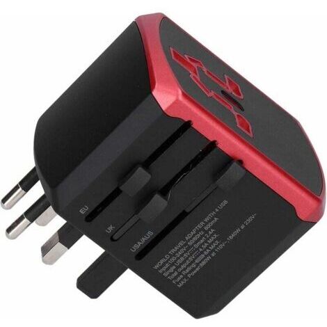Adaptateur de voyage universel, convertisseur de tension international, chargeur de prise 100 V à 240 V avec 4 ports USB pour UK EU US JP AU CN(Rouge)