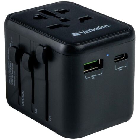 Adaptateur de voyage universel Verbatim UTA-02 : 1 port USB-C PD 20 W, 1 port USB-A QC 18 W