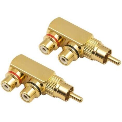 Adaptateur Diviseur RCA Y, Connecteur 90 degrés RCA Male vers 2 Femelles RCA pour Audio Vidéo, Jack doré (Lot de 2)