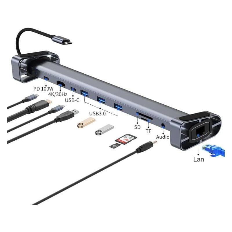 Adaptateur Dock USB C 10 - en - 1, Ethernet LAN RJ45, Pd 100W, 3 ports USB - a 5Gbps, Port TF / SD, audio, port de données USB - C, 4K HDMI, MacBook