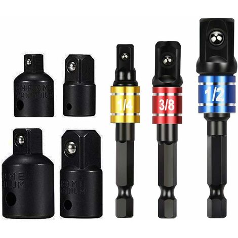 Adaptateur Douille 1/2 3/8 1/4 Forets Hexagonale Adaptateur Set Clé d'écrou Reducteur Socket Adaptor Converter Clés à Rochet Embouts -Arcenciél(Black)