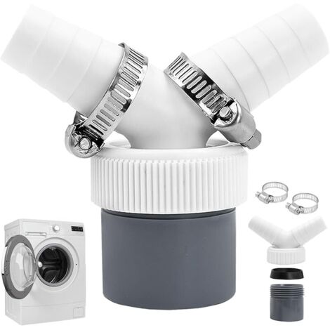 Adaptateur en Y Double Évacuation Machine à Laver, Raccordement Évacuation Lave-Vaisselle et Sèche-Linge, Sortie DN40 Ø40 mm 1½", Entrée 18–24 mm, Avec 2 Colliers Inox 20–32 mm, Pour Siphon