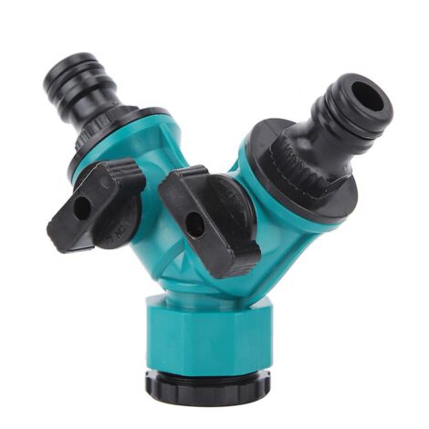 Adaptateur en Y pour usage domestique, compatible avec tuyau d'arrosage, avec vanne marche/arrêt et raccords de tuyauterie.