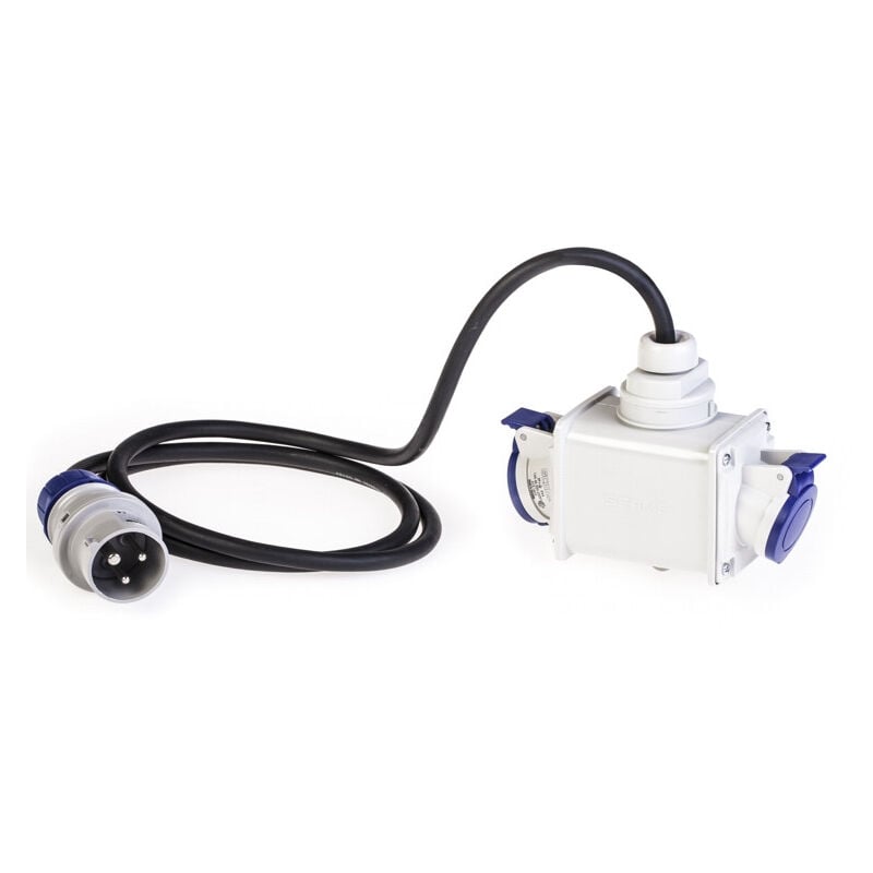 Adaptateur entrée fiche 2P+T 16A 230V mâle / sortie 2 prises femelles clapet bleu rallonge 2m derivation étanche IP44