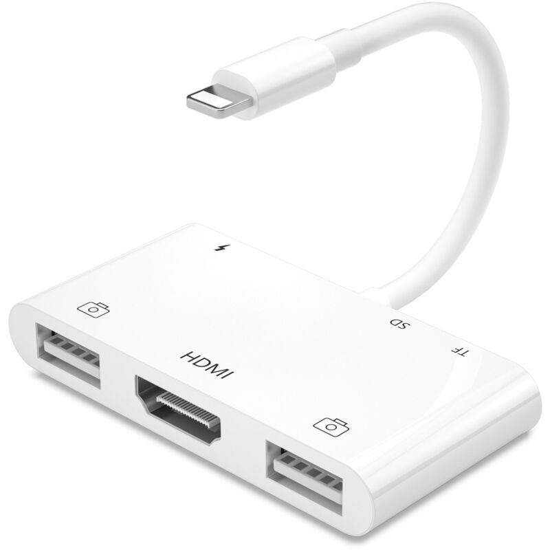 Adaptateur HDMI OTG pour iPhone, Adaptateur USB HDMI, Lighting vers HDMI AV Numérique 6-en-1, Lecteur de Carte SD,Adaptateur pour Appareil Photo USB,