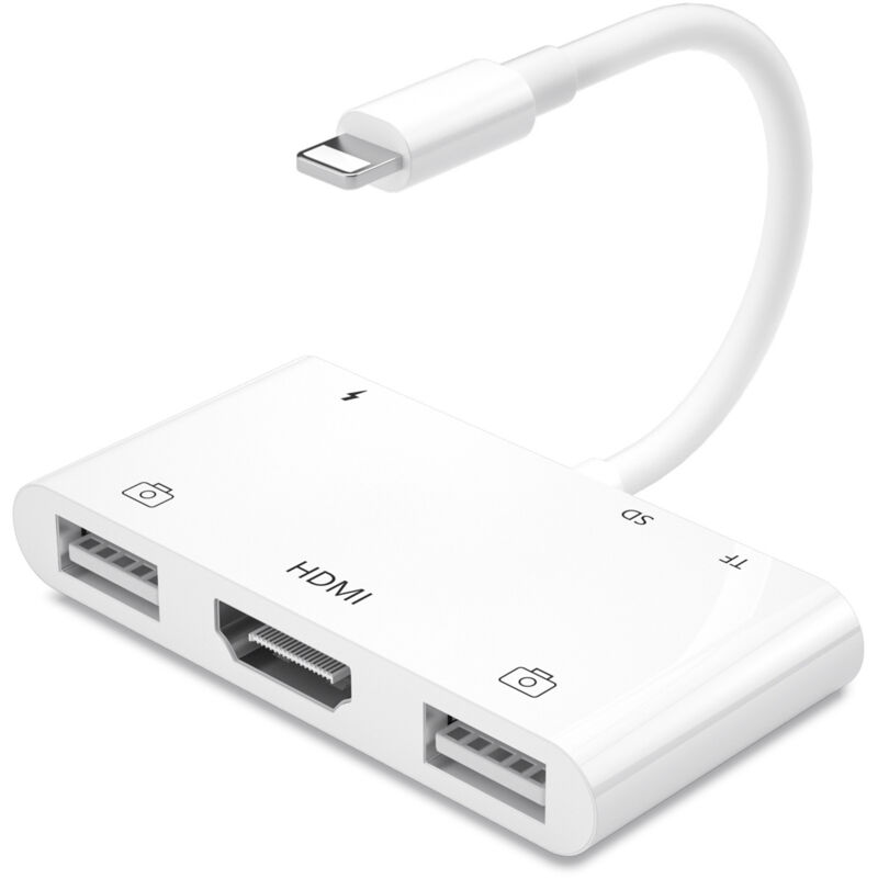 Adaptateur HDMI OTG pour iPhone, Adaptateur USB HDMI, Lighting vers HDMI AV Numérique 6-en-1, Lecteur de Carte SD,Adaptateur pour Appareil Photo USB,