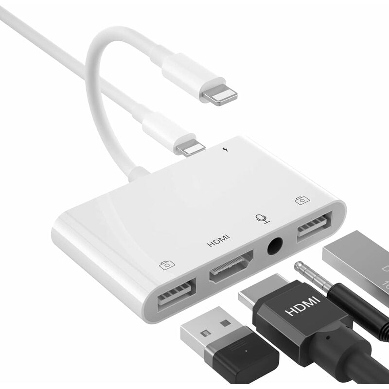 Adaptateur HDMI OTG pour iPhone, HDMI + Double USB Femelle OTG + Adaptateur Répartiteur de Casque 3,5 mm avec Port Charge Compatible avec iPhone
