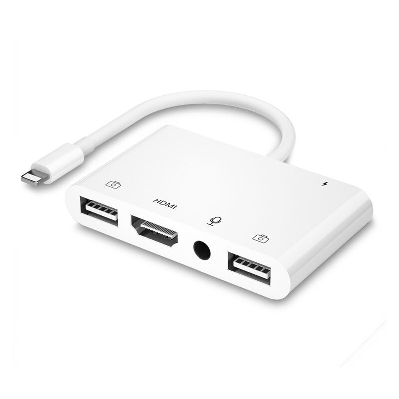 Adaptateur HDMI OTG pour iPhone, HDMI + Double USB Femelle OTG + Adaptateur Répartiteur de Casque 3,5 mm avec Port Charge Compatible avec iPhone