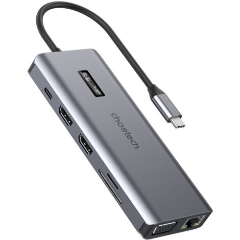 Adaptateur HUB multifonction avec écran USB-C USB-A VGA AUX SD TF 12 en 1 Gris
