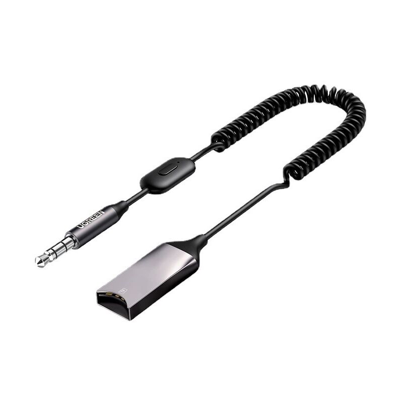 Adaptateur Jack Bluetooth 5.3 pour Voiture Récepteur Aux 3.5mm et USB pour Autoradio Enceinte Haut Parleur Amplificateur, Appel Mains Libres (Gris