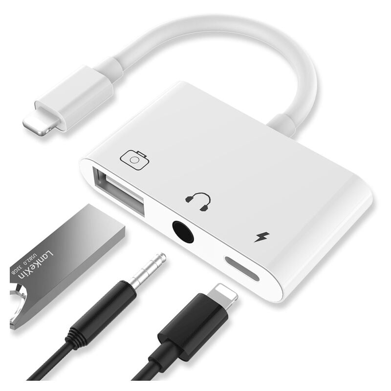 Adaptateur Lighting Audio USB, Adaptateur Lecteur Caméra USB 3 en 1 avec port Alimentation Câble + Prise Casque 3,5 mm