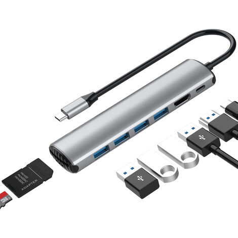 Adaptateur MacBook Pro Hub USB C - Dongle USB C portable en aluminium 8 en 1 avec chargement USB C, USB C vers HDMI, 4 ports USB 3.0, lecteur de carte SD/TF, compatible pour MacBook Pro et plus d'appareils de type C