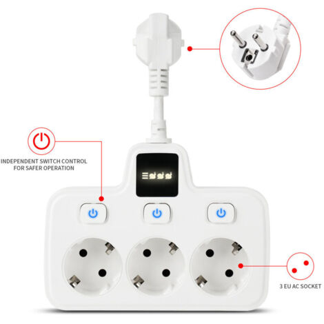 Adaptateur Multi Prises avec Interrupteurs Indépendants - 3 Prises AC 2 Polaires avec Cable 0.1m - Matière PC Ignifuge Blanc (308g)