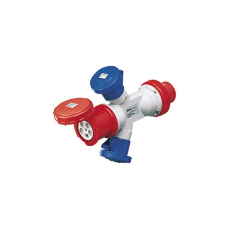 Adaptateur multiplicateur de courant entrée fiche 3P+N+T 63A 400V ac sortie 2x2P+T 32A + 1x3P+N+T 63A étanche IP67 Gewiss