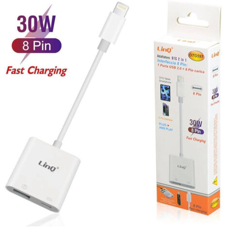 Adaptateur Otg 2 En 1, Interface 8 Broches Vers Port Usb 2.0 + Charge Lightning 30 W Otg597