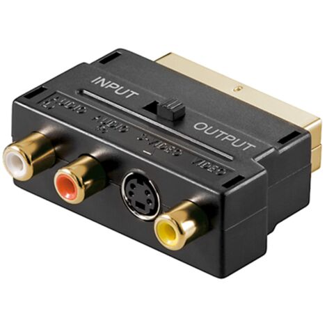 Adaptateur Péritel vers audio composite vidéo et S-vidéo, IN/OUT, connecteur SCART (21 broches)  3 prises femelles Cinch + Prise femelle mini DIN 4 (vidéo S). Connexion, type connecteur SCART (21 broc