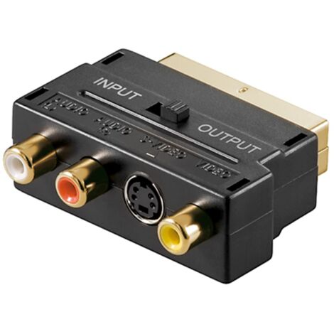 Adaptateur Péritel vers audio composite vidéo et S-vidéo, IN/OUT, connecteur SCART (21 broches)  3 prises femelles Cinch + Prise femelle mini DIN 4 (vidéo S). Connexion, type connecteur SCART (21 broc