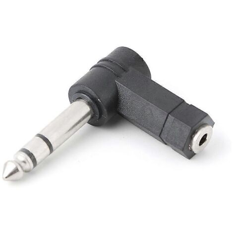 Adaptateur pour casque audio : prise jack femelle 3,5 mm vers prise jack mâle 6,35 mm coudée.