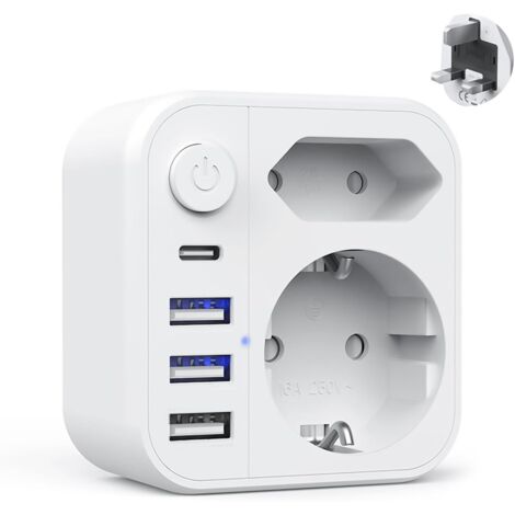Adaptateur Prise Anglaise vers France Type G Multiprise avec Interrupteur,3 USB et 1 USB C,Adaptateur Universel de Voyage Accessoires Prise Internationale Chargeur UK Angleterre Irlande Dubai