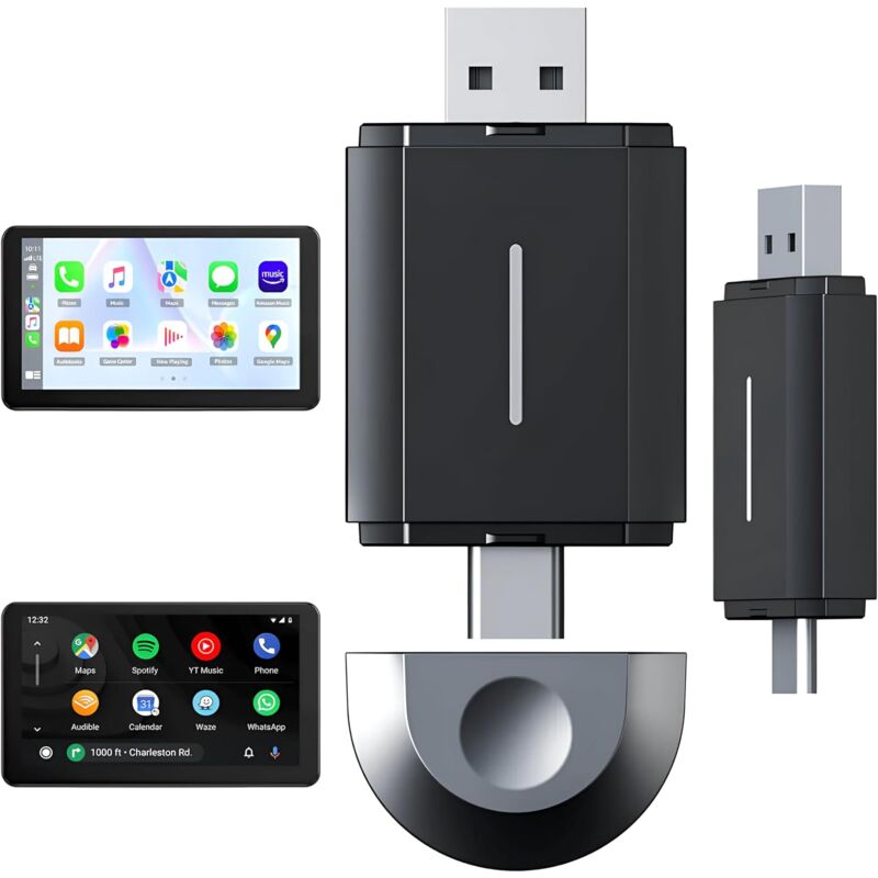 Adaptateur sans Fil 2 en 1 Compatible avec CarPlay et Android Auto, Dongle WiFi 5 GHz Plug & Play pour Connexion Rapide et Stable, Compatible avec