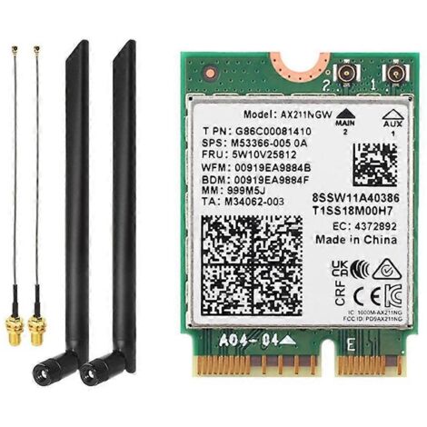 Adaptateur sans fil AX211NGW BT5.3 Wi-Fi 6E tri-bande avec 2 antennes et une portée de 5374 MHz.