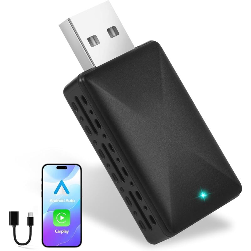 Adaptateur sans Fil pour CarPlay et Android Auto, Plug & Play, USB C/USB-A, Compatible avec iOS 10+/Android 11+, Adapté au véhicule Qui Fonctionne