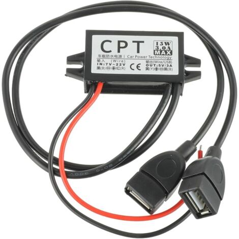 Adaptateur Secteur 12V vers USB, DC Convertisseur de Tension 12V à 5V 3A Tension Convertisseur avec Deux connecteurs d'adaptateur USB pour Le téléphone Charge Voiture Radio Audio