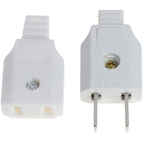 Adaptateur secteur 2 broches avec prise mâle et femelle, connecteur pour rallonge électrique recâblable.