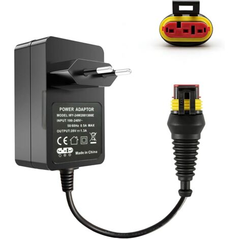 Adaptateur secteur 28 V 1,3 A compatible avec Husqvarna Automower 105/305/310/315/315X/310 Mark II/Gardena R38Li/R40Li/R45Li/R50Li/R70Li/R75Li/R80Li/Sileno Life/City/Minimo/McCulloch Rob R600/R800 -
