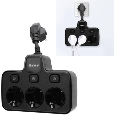 Adaptateur Secteur 3 Prises avec Interrupteurs Indépendants - Multi-Socket PC Retardateur de Flamme - 3250W Noir 14.8x10.8cm