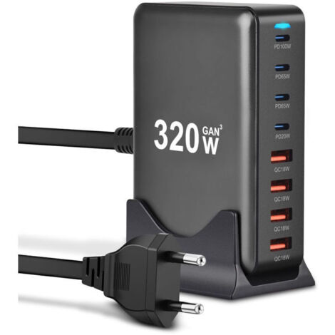 Adaptateur Secteur GaN 8 Ports USB (4 USB-C, 4 USB-A) 320W pour MacBook Pro/Air, iPhone, iPad Pro, Galaxy, Steam Deck