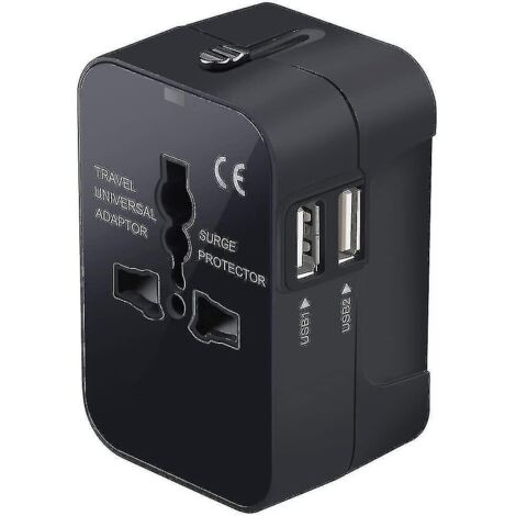 Adaptateur secteur mural universel tout-en-un avec deux ports de charge USB, disponible à l'international – Noir