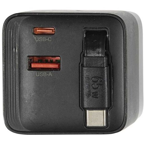 Adaptateur secteur port USB et type C 65 Watt + câble USB-C intégré.