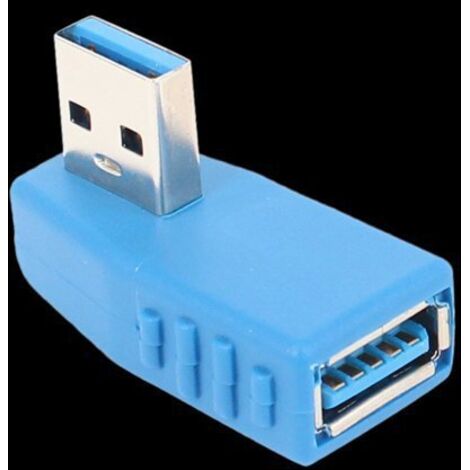 Adaptateur USB 3.0 mâle-femelle bleu coudé à 90 degrés (côté droit) pour transmission de données haut débit. Connecteur d'extension USB mâle-femelle.