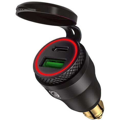 Adaptateur USB allume-cigare - Pour Moto BMW, DIN/Hella - USB C PD 3.0 & QC 3.0,Lumière rouge coquille noire