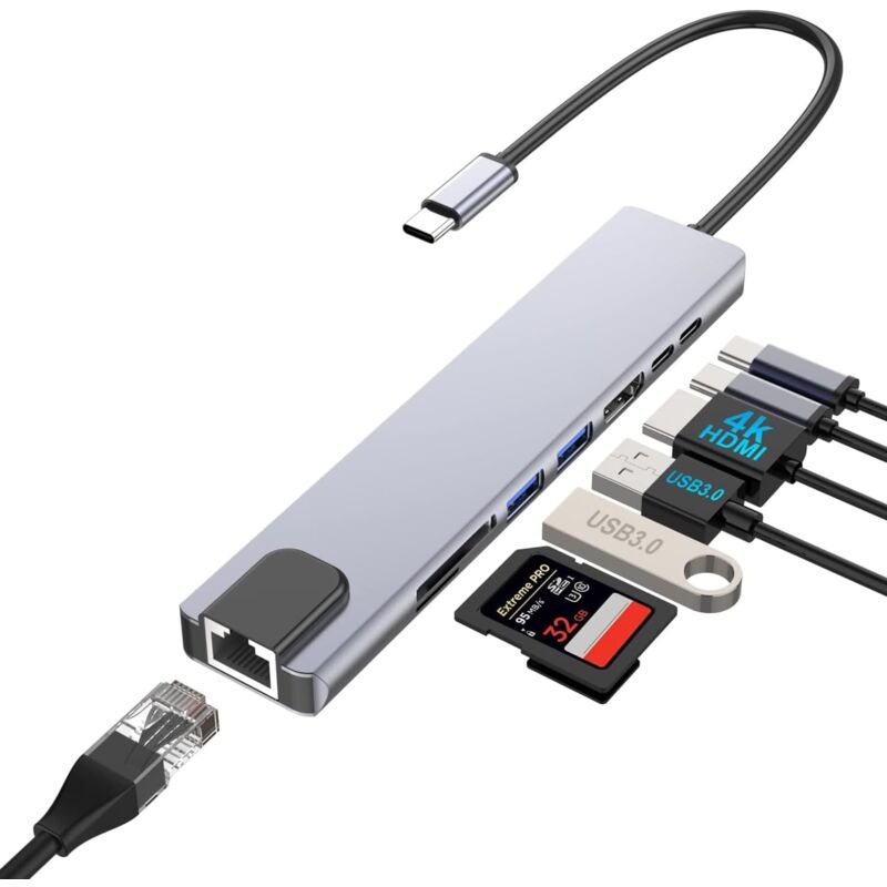 Adaptateur USB C 8-en-1 pour ordinateurs portables Dell avec HDMI 4K, 100W PD, port USB C, USB 3.0, Ethernet RJ45, lecteur de cartes SD/TF,
