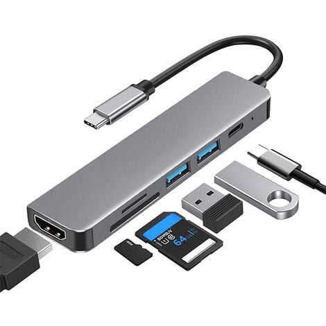 Adaptateur USB C pour MacBook, 6 en 1 USB Type-C vers HDMI 4K Multiport Hub Compatible avec Les Ordinateurs Portables de Type C comme MacBook Pro, Dell XPS, Chromebook Pixel