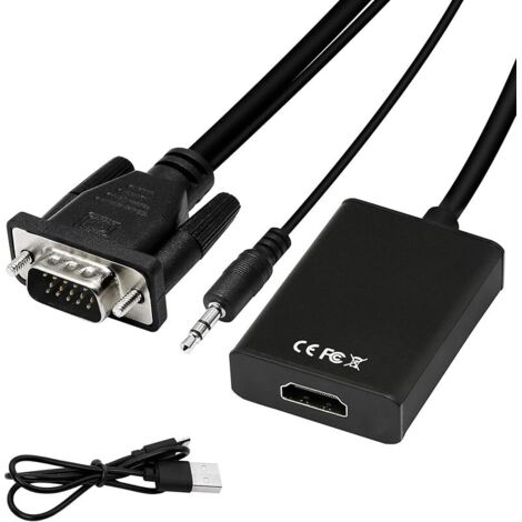 Adaptateur VGA vers HDMI 1080P VGA mâle vers HDMI Femelle convertisseur pour Ordinateur, Ordinateur de Bureau, Ordinateur Portable, PC, Moniteur, HDTV avec câble Audio et câble USB