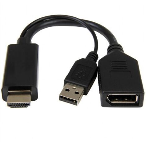 Adaptateur vidéo Cablexpert  HDMI type A 19 broches  USB type A 4 broches (alimentation uniquement)  Mâle  DisplayPort 20 broches  Femelle  0,1 m