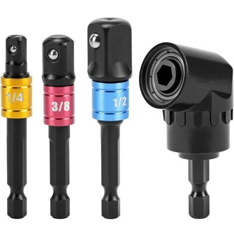 Adaptateur Visseuse Angle 105°, Fixation Tournevis Sans Fil, Perceuse Queue Hexagonale, 3 Douilles 1/4"3/8"1/2", Noir