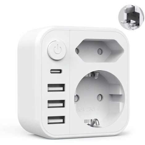 Adaptateur Voyage 6 en 1 avec 3 USB et USB-C Adaptateur France vers UK Prise Anglaise Adaptateur UK Type G pour Irlande Malaisie Angleterre Royaume-Uni Dubai