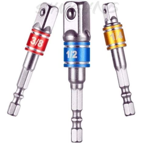 Adaptateurs Porte Douilles sur Perceuse/Visseuse à Choc. Lot de 3 Adaptateur Mandrin pans Carré 1/4", 1/2", 3/8" en Chome Vanadium