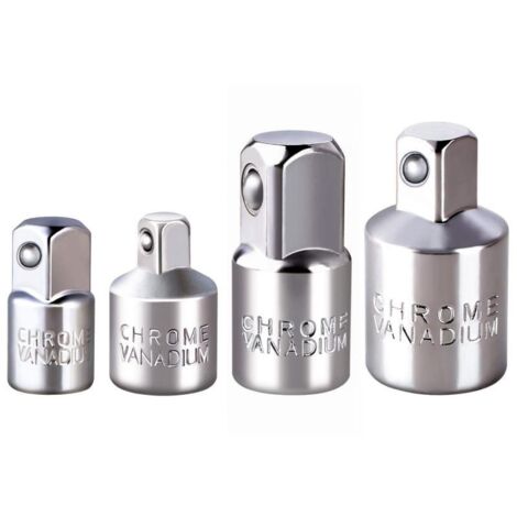 Adaptateurs réducteurs pour douilles à impact (4 pièces) : 1/4", 3/8" et 1/2", en acier argenté. Compatibles avec les perceuses à percussion.
