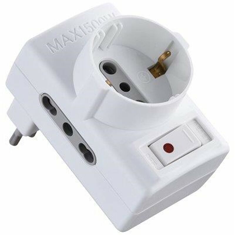 Electraline Weiß Dreifachadapter Mit Thermoschalter Und Bipas- Und Schuko-Steckdosen 2P+T Asymmetrisch