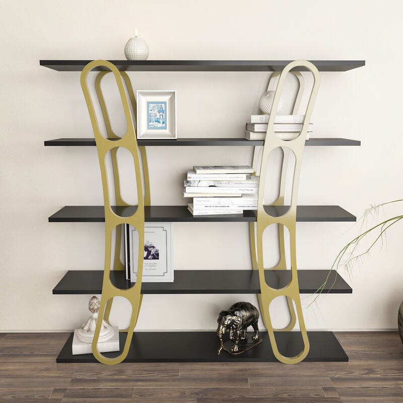 Adar 5-tier Bookcase Bookshelf Shelving Unit Display Unit - Black and Gold - Decorotika