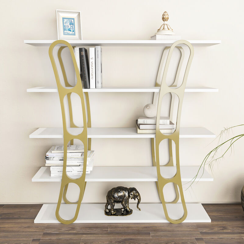 Adar 5-tier Bookcase Bookshelf Shelving Unit Display Unit - White and Gold - Decorotika