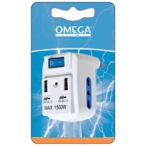 ADATTATORE 2BPRESE 10/16A 2P+T 2USB SPINA  16A CON INTER.LUMINOSO E LED
