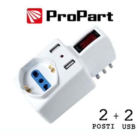 Adattatore 2pos bipasso/schuko +USB spina10A salvasp. + int.