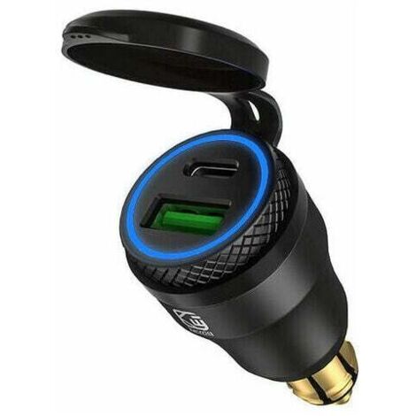 Adattatore accendisigari USB per moto - Doppia presa USB - 12V PD 3.0 e QC 3.0 - per moto BMW (blu chiaro con alloggiamento nero)